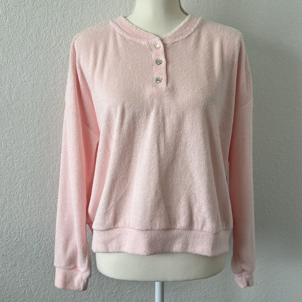 DONNI. Pink Terry Cloth Henley‎ Sweatshirt Relaxed Fit Long Sleeve Size Large - Picture 6 of 12
